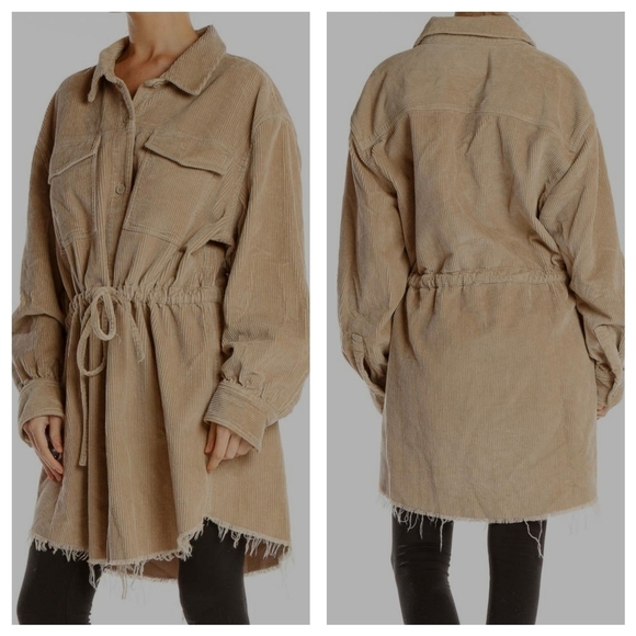 Asos Women's Plus Size Beige Corduroy Shacket Sz 18 Cinched Waist Raw Hem Pocket - Picture 2 of 12